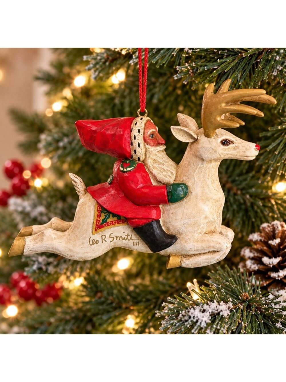 Leo Smith Gift Giver Santa Gold Hand Signed Flying Reindeer Ornament Midwest 6"